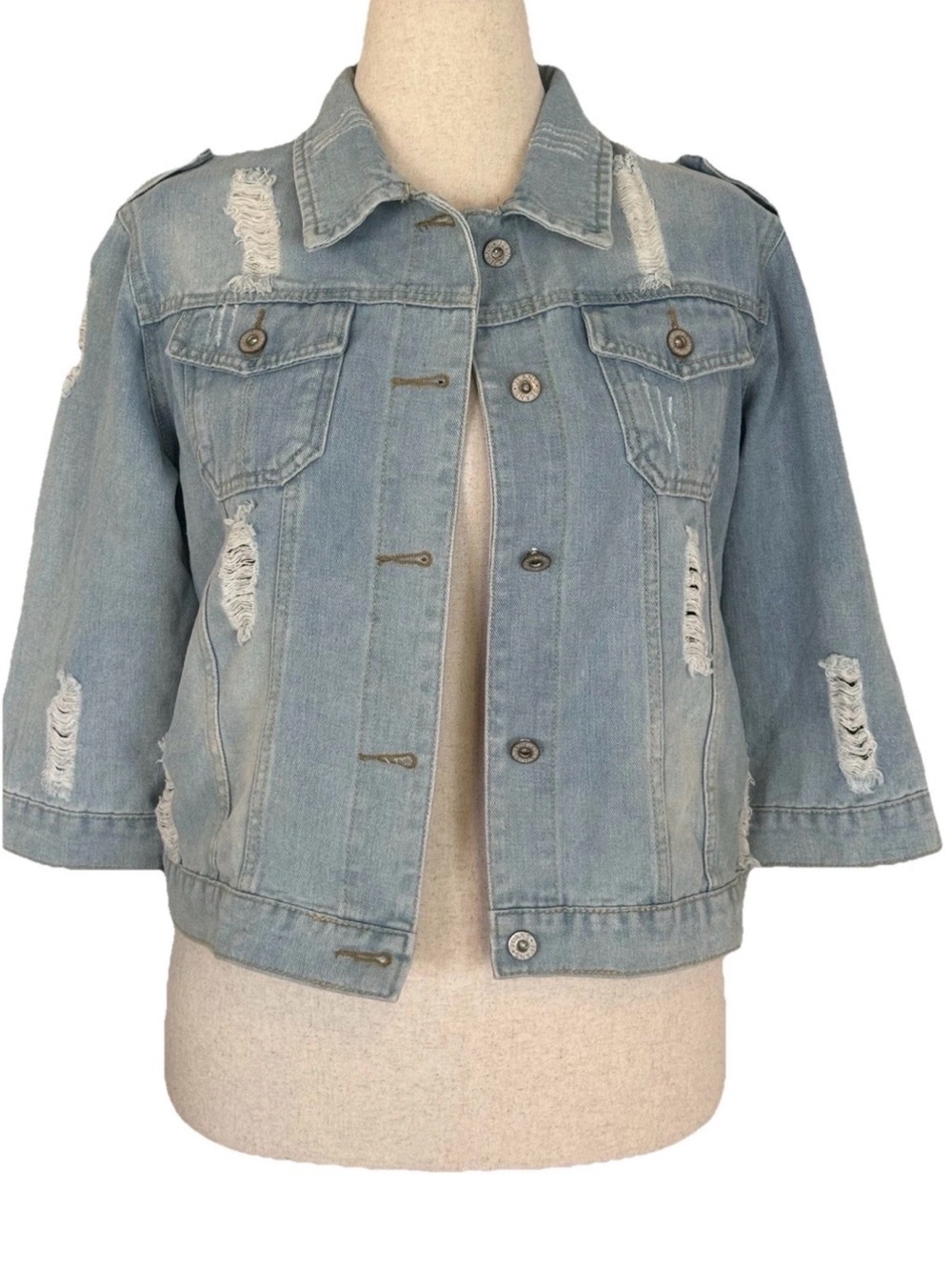 Light Wash Distressed Denim 3/4 sleeves Jacket